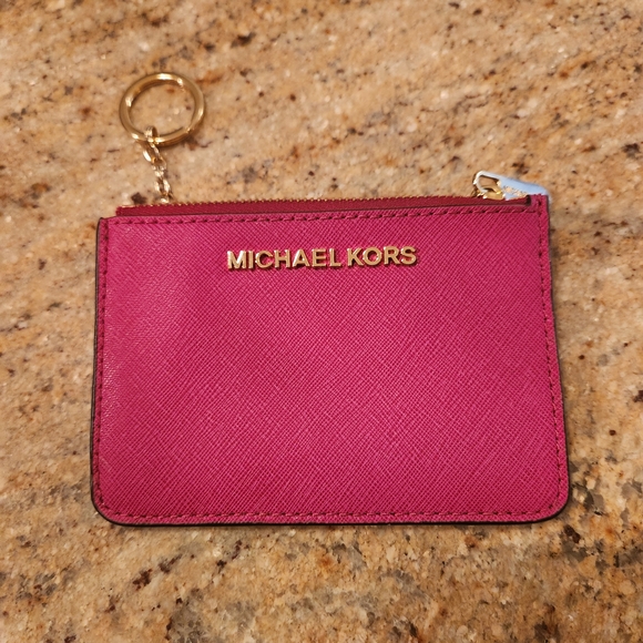 Michael Kors Jet Set Travel SM Top Zip Coin Pouch ID Wallet Raspberry Leather - Picture 1 of 6